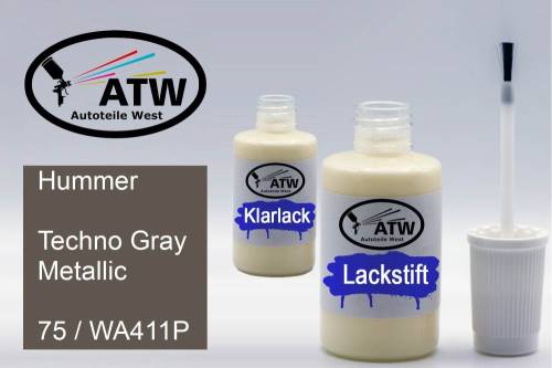 Hummer, Techno Gray Metallic, 75 / WA411P: 20ml Lackstift + 20ml Klarlack - Set, von ATW Autoteile West.